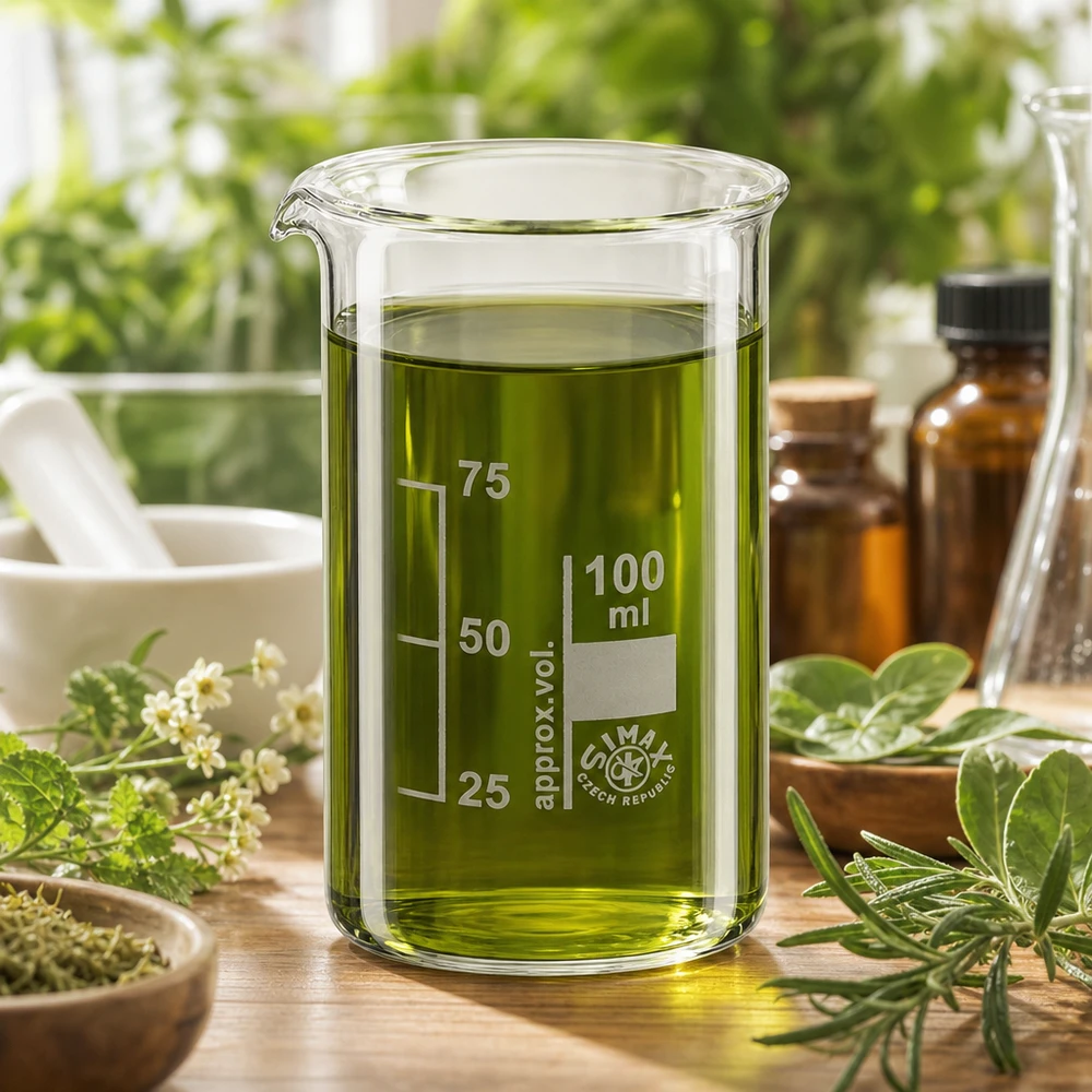 Bicchiere da 100 ml in vetro borosilicato, forma alta Bicchiere da laboratorio da 100 ml, forma alta, con estratto di erbe verde circondato da erbe medicinali fresche