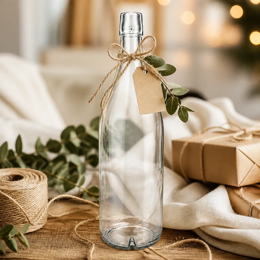 Bottiglia in vetro da 1000 ml senza tappo UNiTWIST Bottiglia in vetro da 1000 ml UNiTWIST vuota decorata con cordino di iuta e targhetta regalo come idea regalo su base in legno