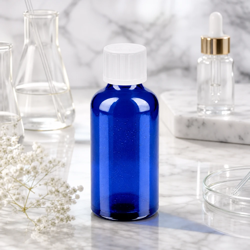 50ml Flasche 11mm Schraubverschluss weiß Standard Kindersicherung BlueLine UT18/50 Medizinische 50ml Glasflasche in Kobaltblau mit STD Verschluss für sichere Lagerung von Wirkstoffen