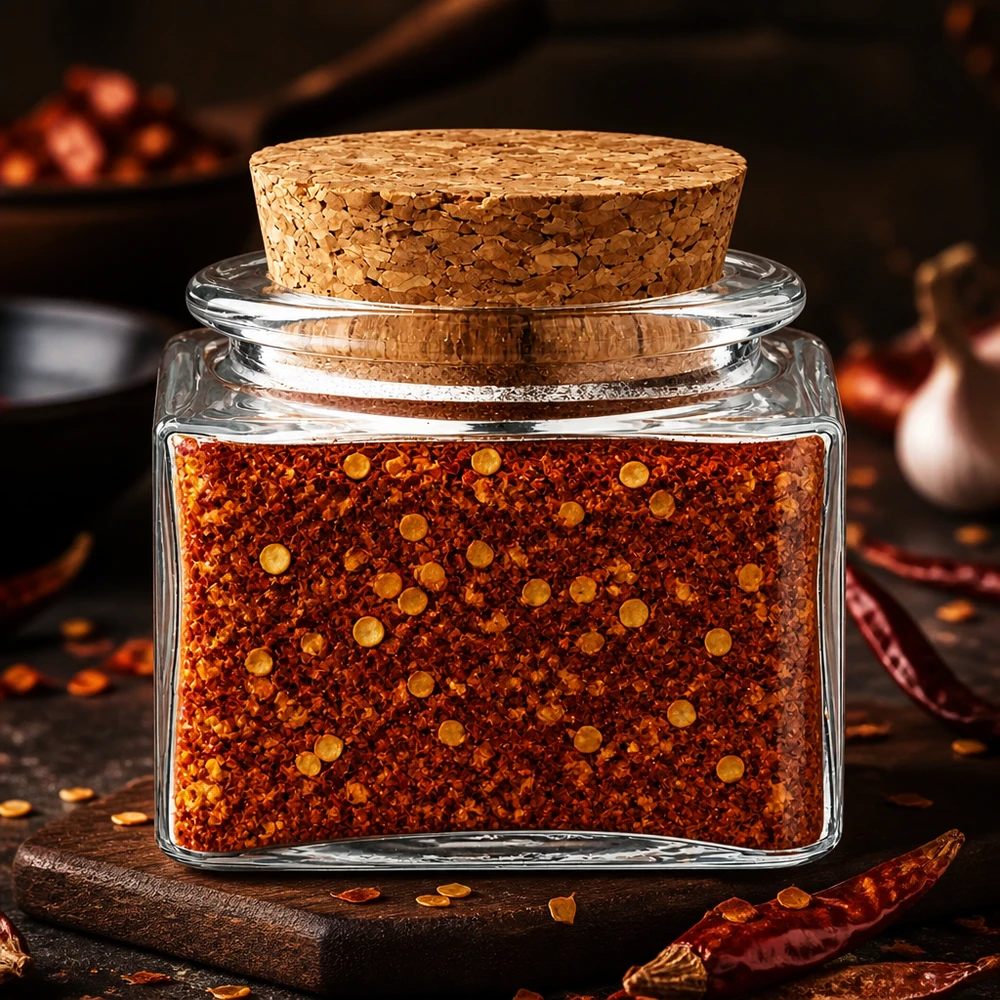 Idea barattolo per spezie: Quadratus 40ml trasparente con tappo in sughero Contenitore in vetro trasparente con tappo in sughero naturale, riempito con fiocchi di paprika e cubetti di peperoncino essiccato