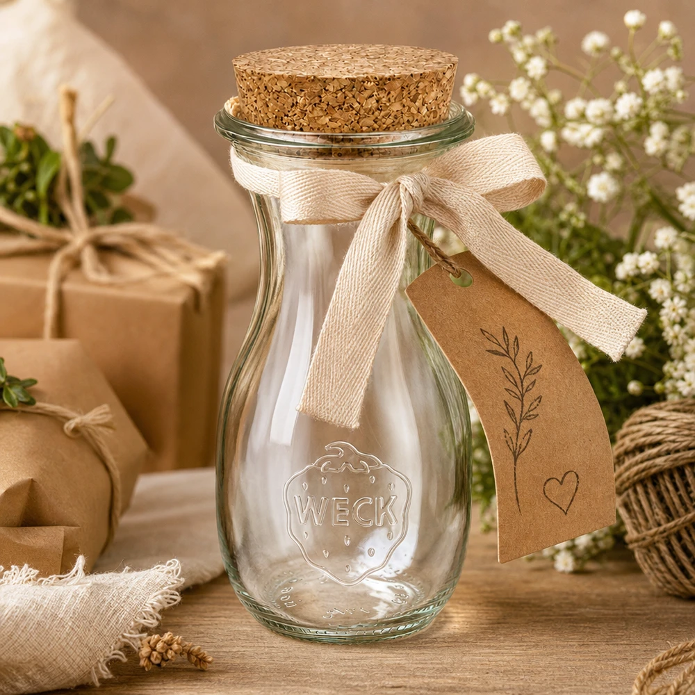 Bottiglia di succo WECK da 290 ml decorata con fiocco ed etichetta regalo come idea regalo in un contesto decorativo naturale