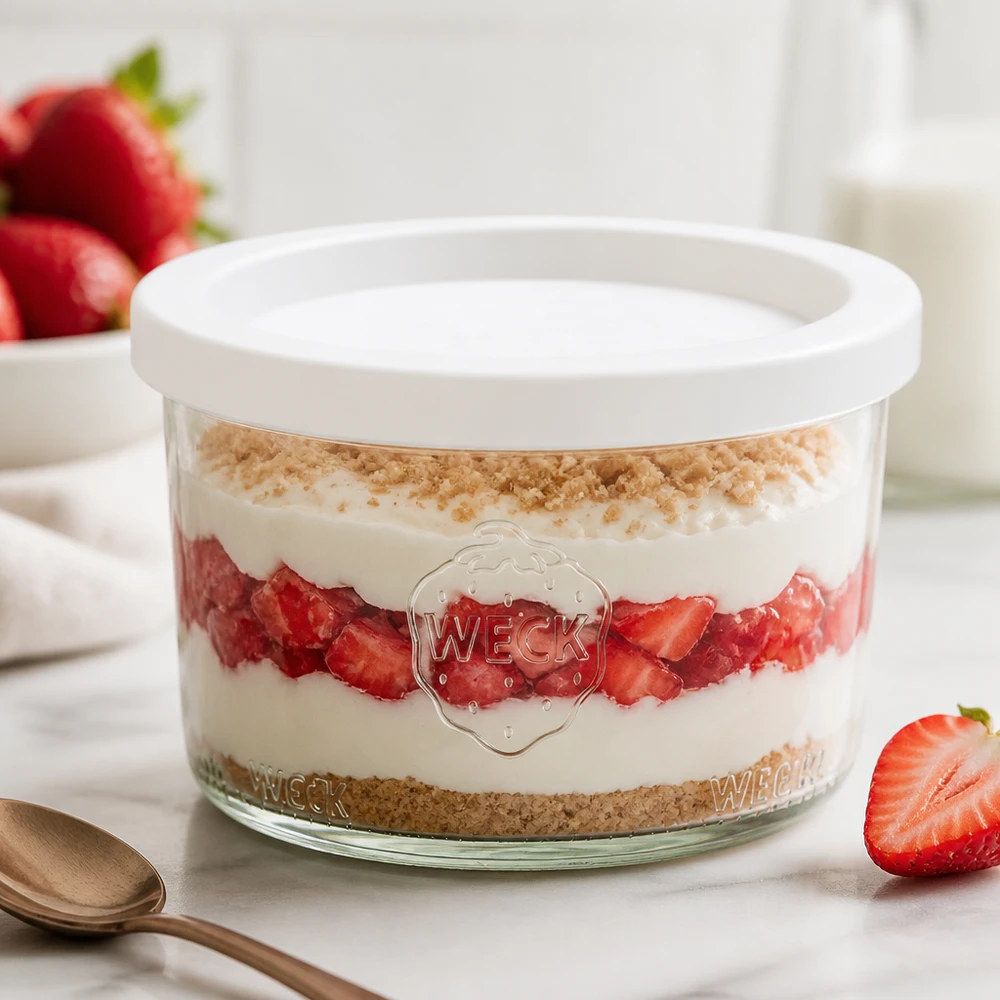 WECK Sturzglas 200ml RR80 mit Erdbeerdessert und weißem Deckel für Nachspeisen und Desserts im Glas