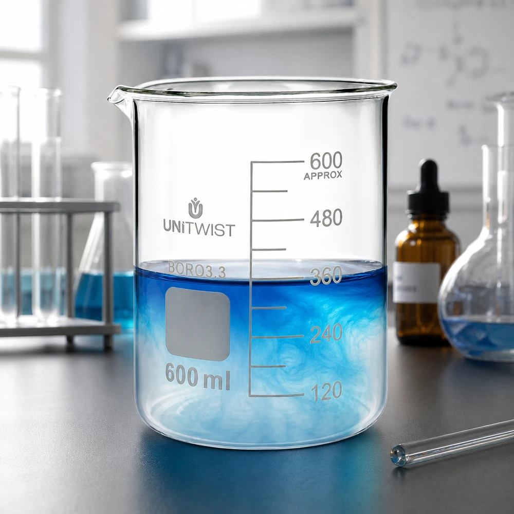 Bicchiere da 600 ml in borosilicato, stampo basso UNiTWIST Bicchiere da laboratorio UNiTWIST da 600 ml, forma bassa, in vetro Boro3.3 con beccuccio, da banco di laboratorio