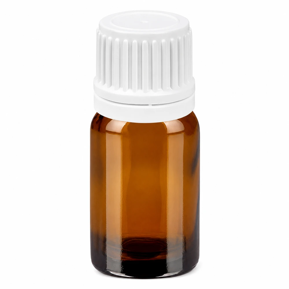 Flacone in vetro marrone da 5 ml con tappo a vite bianco da 11 mm per oli essenziali e cosmetici