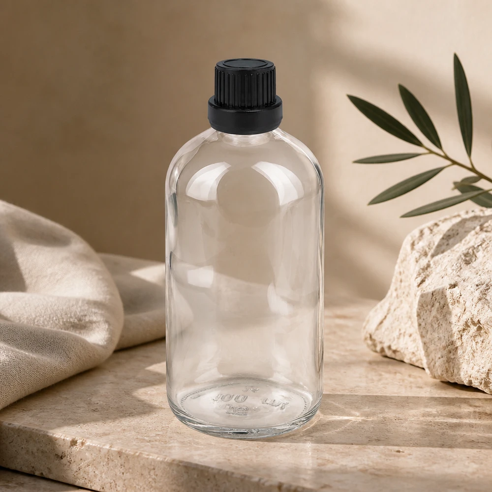Flacone contagocce trasparente da 100 ml in vetro trasparente con tappo a vite di sicurezza nero, serie ClearLine