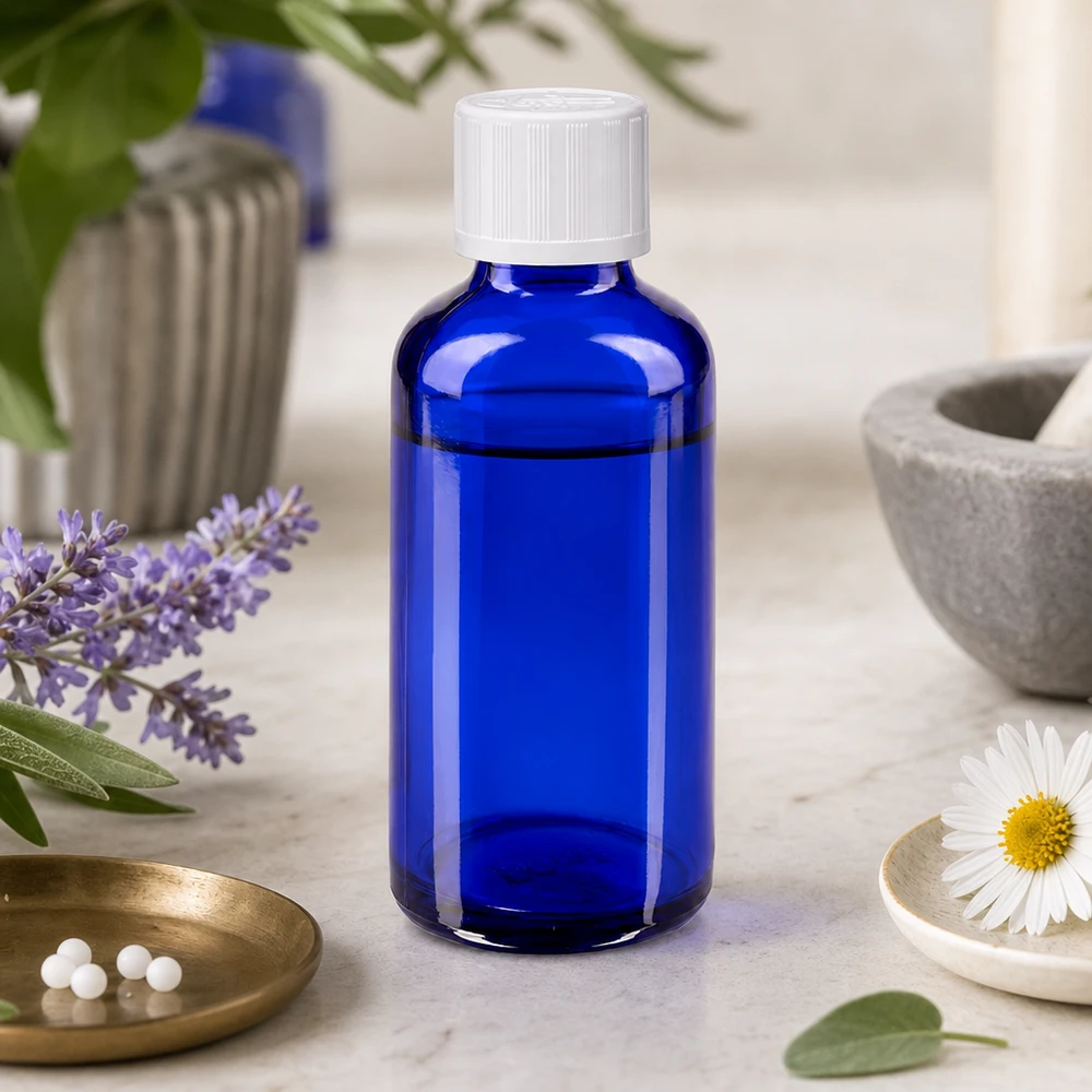 Apothekenflasche blau 50ml Schraubverschluss weiß Kindersicherung Standard 50ml blaues Apothekerglas mit Standardverschluss 11mm auf Marmor mit Kamille und Salbei
