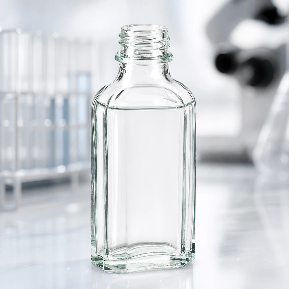 50 ml Meplatflasche klar DIN22 Vielseitige 50 ml Glasflasche Meplat klar mit geraden Seitenwänden und DIN22 Verschluss