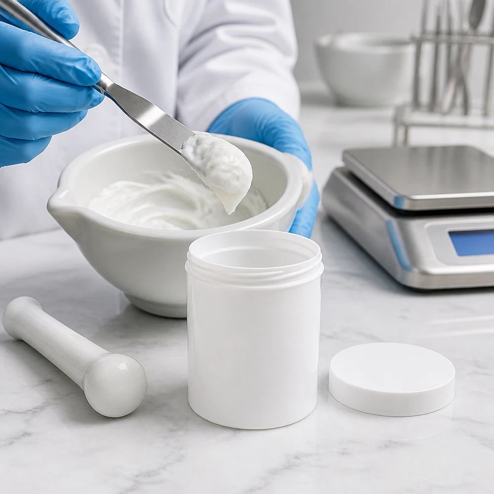 Laboratoire de préparation magistrale avec un pot à pommade blanc de 300 g en PP à couvercle à vis, un mortier et un pilon