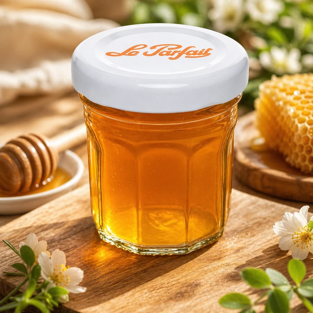 Le Parfait® Mini‑Jam 44 ml Ø48 mm vaso Mini tumbler Le Parfait da 44 ml riempiti di miele accanto a favo e cucchiaio di miele su tavolo di legno con decorazione floreale
