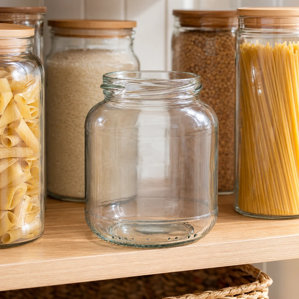 UNiTWIST Oval370 Einmachglas 370ml leer auf Holzregal zwischen gefüllten Vorratsgläsern mit Pasta und Getreide