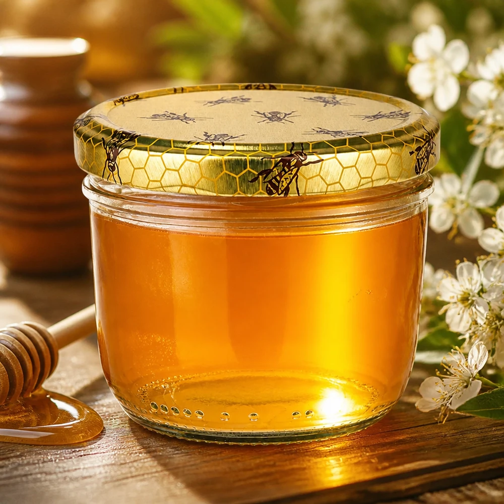 Vasetto di vetro da 230 ml con coperchio a nido d'ape pieno di miele dorato accanto a cucchiaio da miele e fiori bianchi su tavolo di legno