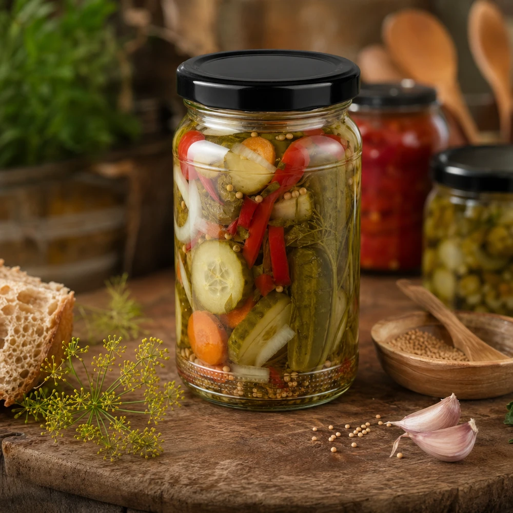UNiTWIST vaso rotondo da 110 ml riempito con verdure sottaceto e coperchio nero TO48 tra spezie su tavola di legno