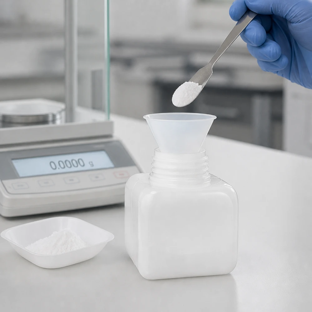 Flacon de 250 ml en PE-HD pour produits chimiques, à col large ; opération de remplissage ; balance de laboratoire ; gants de protection bleus
