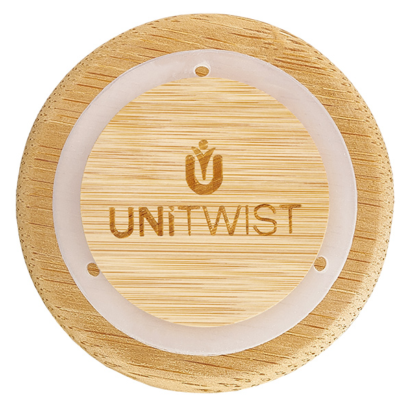 Coperchio in legno versione "A" per WECK RR40 Coperchio in legno WECK RR40 versione A dall'alto con incisione del logo UNITWIST e struttura in legno di quercia a venatura naturale