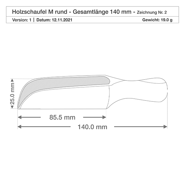Pala di legno misura M a forma semicircolare lunga 14 cm Disegno dettagliato della pala di legno M con dimensioni precise 85,5 mm di larghezza della pala e 25 mm di altezza per uso cucina