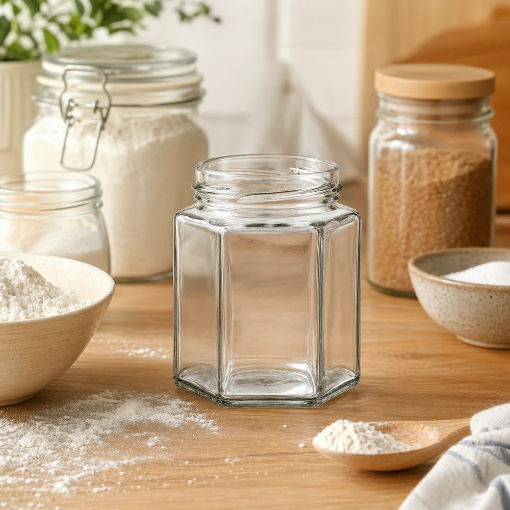 UNiTWIST Hexa196 vaso esagonale 196ml TO53 filo vuoto su tavolo di legno in cucina moderna con vasi di stoccaggio