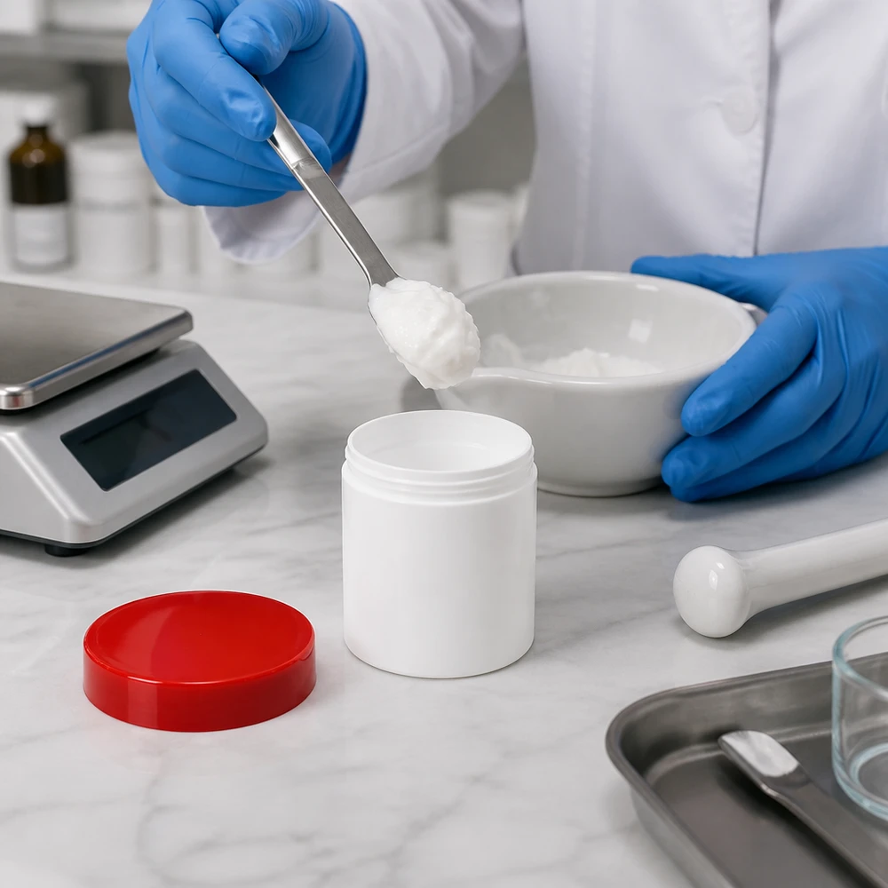 Remplissage d'un pot à pommade blanc de 30 g à l'aide d'une spatule métallique et d'un bol à pétrir en céramique
