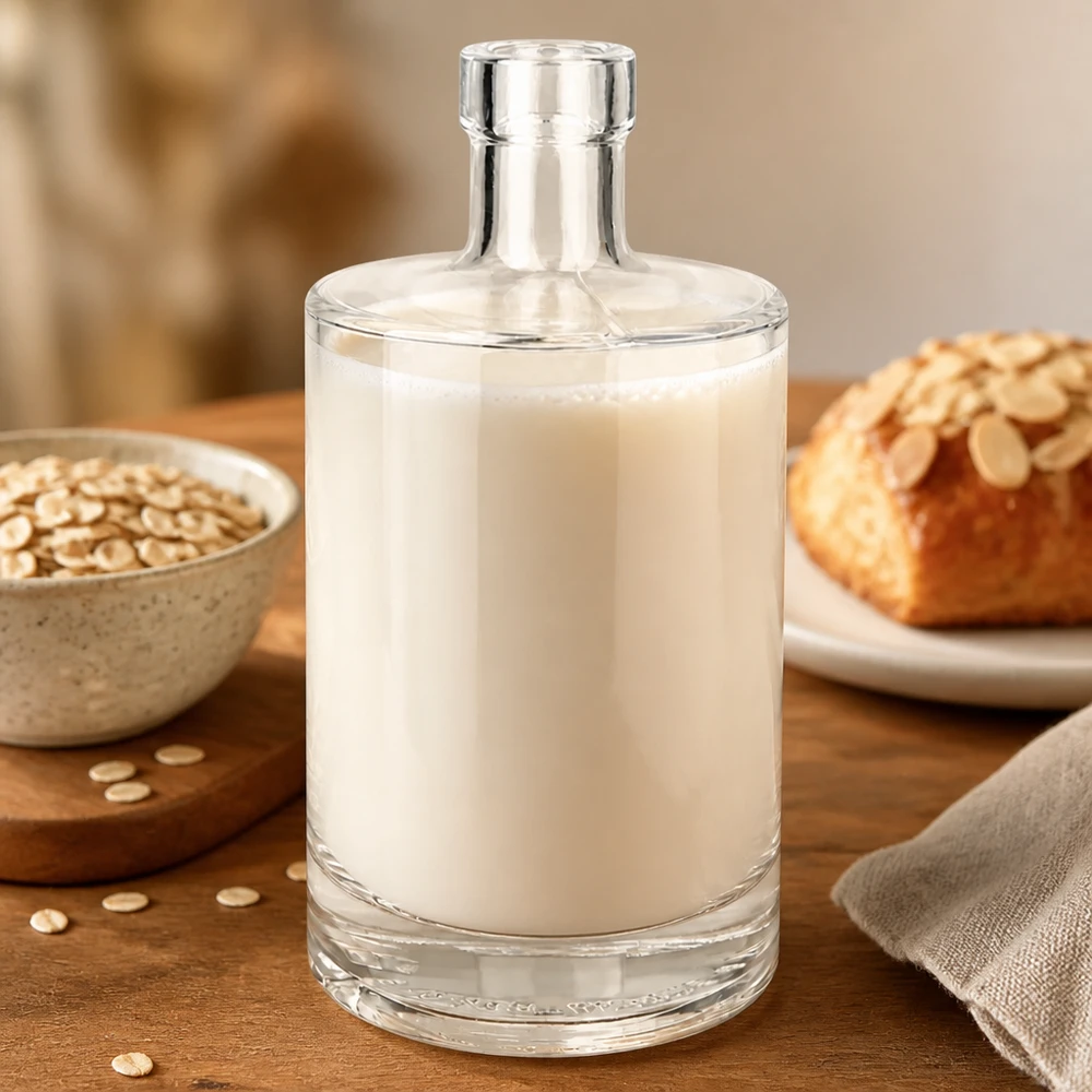 Bottiglia di vetro da 500 ml Marie riempita con latte d'avena insieme a fiocchi d'avena e pane mostra la versatilità delle alternative al latte