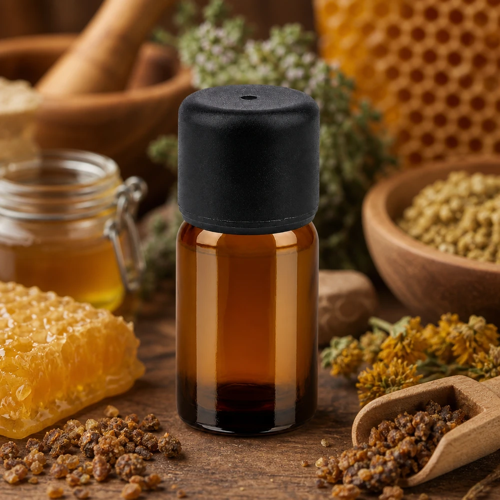 Flacone contagocce in vetro ambrato da 5 ml con apertura di 6 mm per un dosaggio preciso degli oli essenziali.