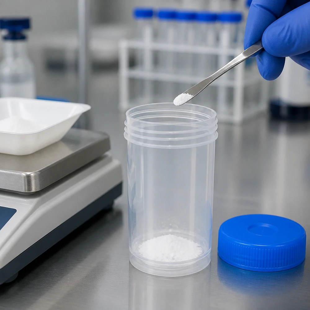 Un laborantin dose une substance chimique dans un flacon en plastique universel de 100 ml à l'aide d'une balance d'analyse.