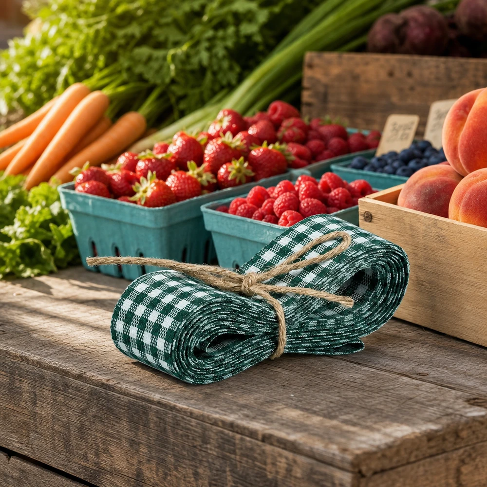 Nastro in tessuto verde/bianco per decorazioni, 300 cm Nastro in tessuto verde e bianco di 300 cm su tavolo di legno con bacche fresche, carote e pesche per la decorazione di una bancarella di mercato