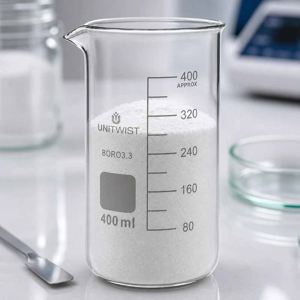 Bicchiere 400ml borosilicato, stampo alto UNITWIST Becher da 400 ml, forma alta, riempito di polvere bianca su un tavolo da laboratorio UNITWIST in borosilicato