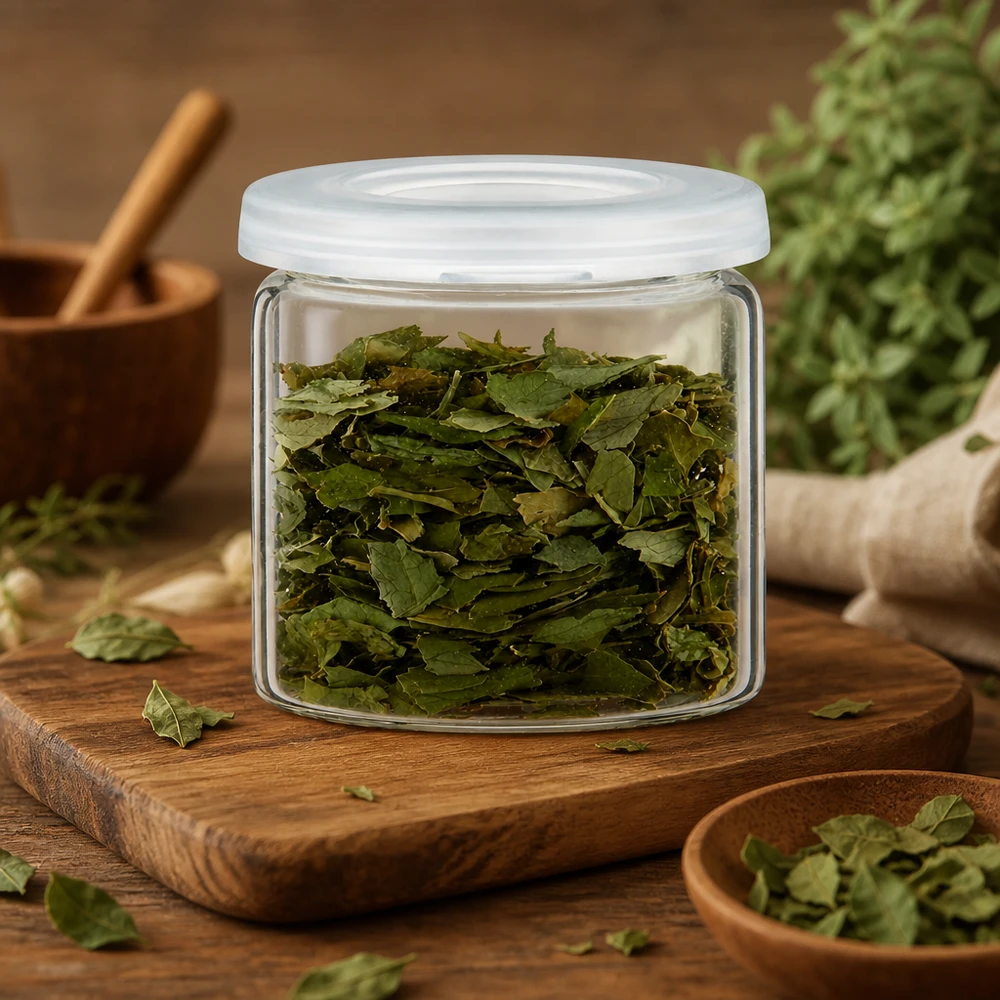 Piccolo barattolo di vetro con erbe aromatiche e coperchio di plastica bianca accanto a un mortaio e a piante aromatiche