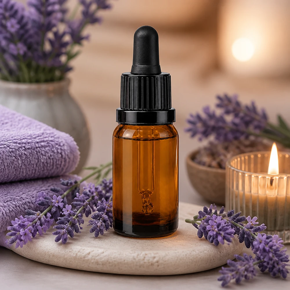 Elegante flacone a pipetta da 10 ml in vetro ambrato con tappo nero per l'aromaterapia professionale