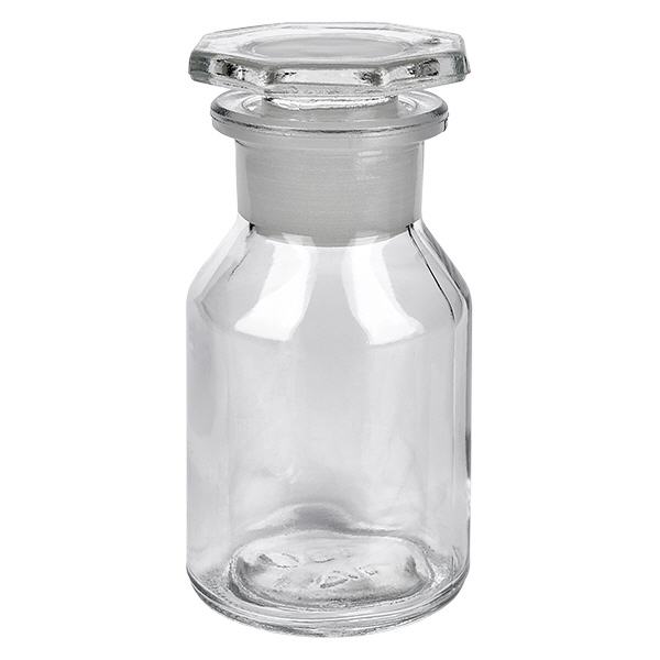 Bottiglia a collo alto 50ml trasparente a collo largo in vetro con tappo Fiaschetta a fondo piatto da 50 ml trasparente con tappo in vetro, realizzata in vetro borosilicato di alta qualità per uso di laboratorio
