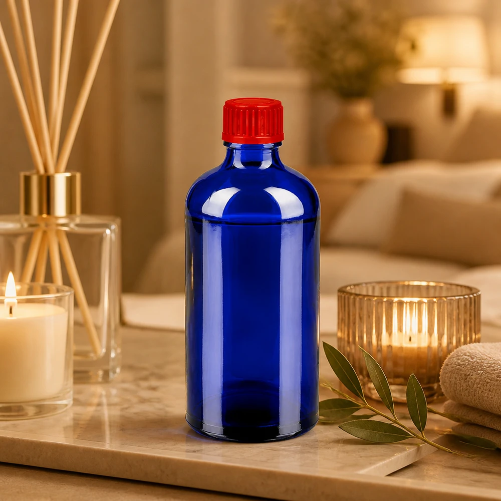 100ml Flasche 11mm Schraubverschluss rot Standard BlueLine UT18/100 Robuste 100ml Apothekerflasche aus dickem Glas mit auslaufsicherem roten Schraubdeckel