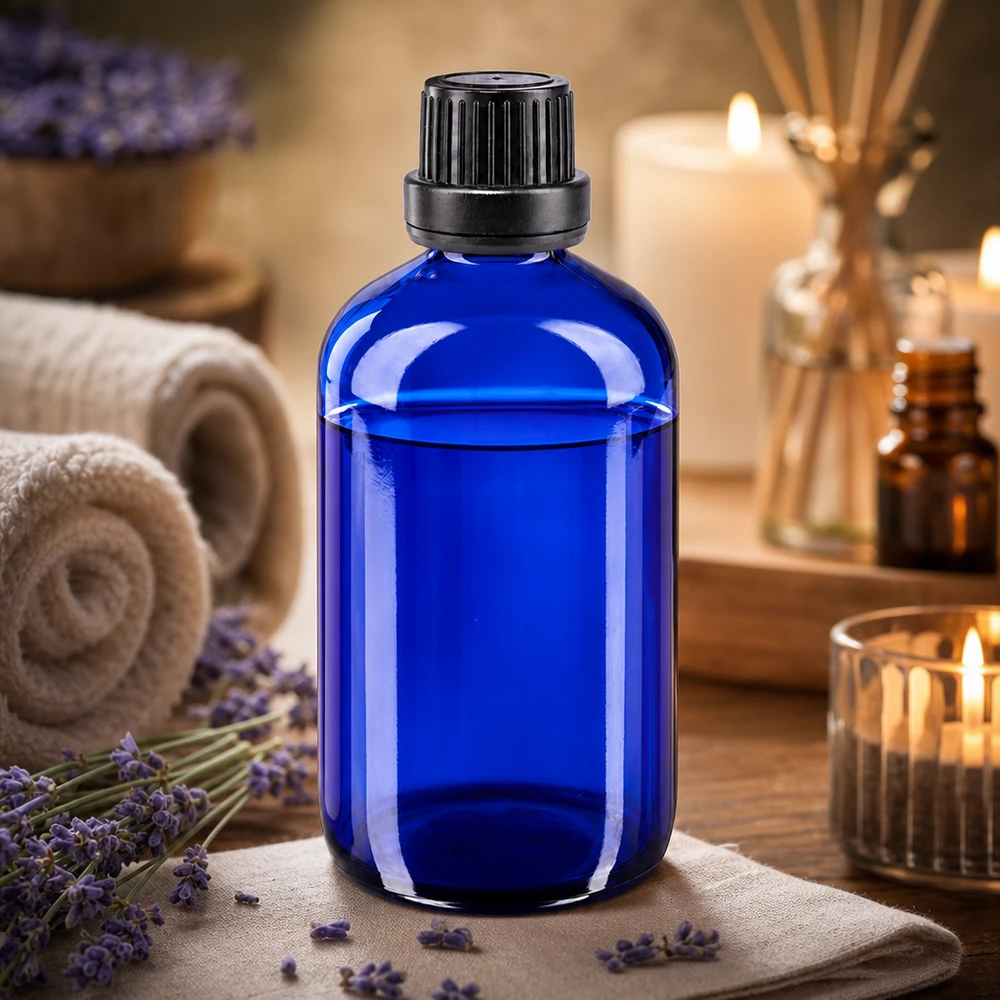 Flacon de pharmacie bleu foncé de 100 ml avec bouchon OV et compte-gouttes, devant une décoration à la lavande