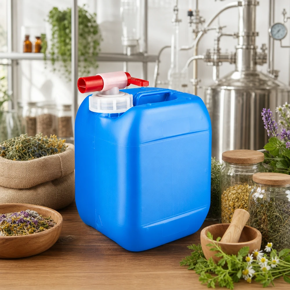 Bidon 5 litres bleu avec robinet Bidon compact bleu de 5 litres muni d'un robinet de vidange, entouré de plantes médicinales et d'un alambic