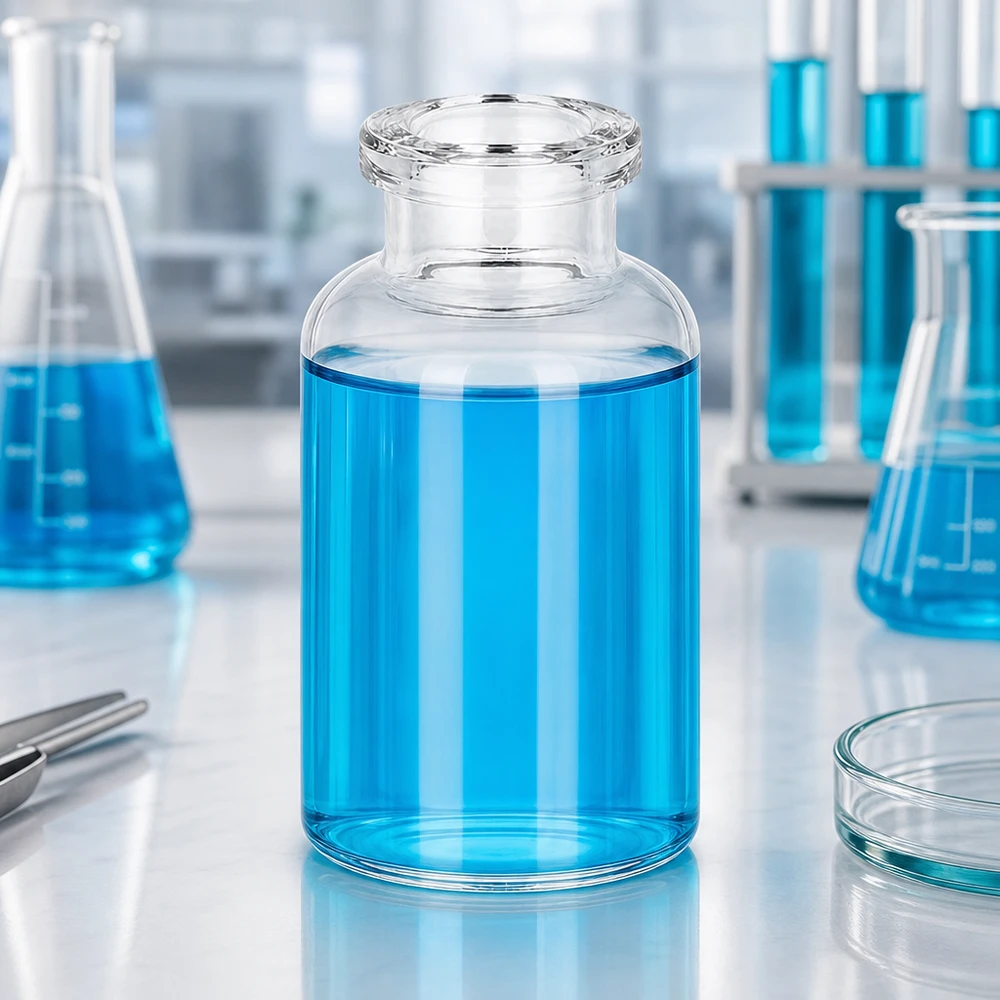 Injektionsflasche Klarglas 20ml Injektionsvial 20ml Klarglas auf weißer Laborbank neben Petrischale und Pinzette