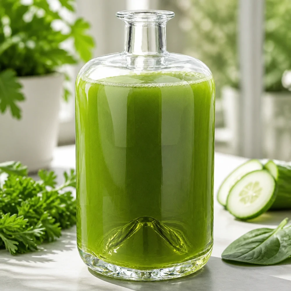 Bottiglia di vetro da 700 ml Sofia riempita di frullato verde accanto a cetrioli prezzemolo e spinaci scena di sana alimentazione