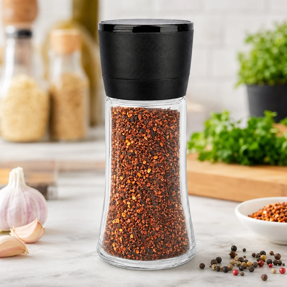 Pot à sel/épices 95 ml avec moulin Vario noir Kleine Tischgewürzmühle 95ml aus klarem Glas mit mattschwarzem Mahlwerk für Chili