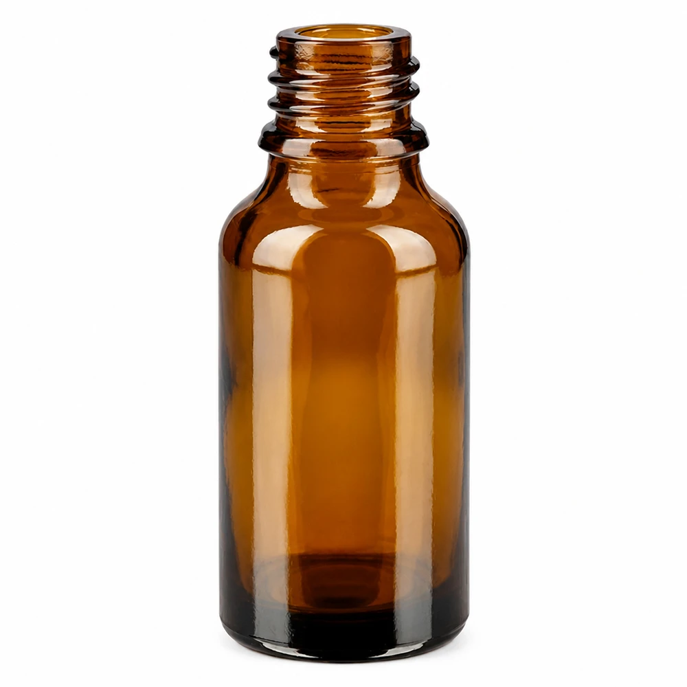 Flacone farmaceutico ambrato da 20 ml di forma alta ApoGlas Flacone da farmacia marrone da 20 ml a forma alta ApoGlas vuoto senza tappo su sfondo bianco