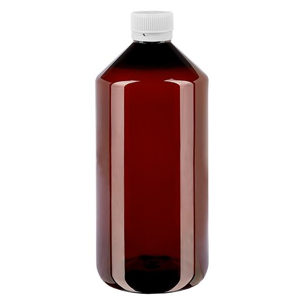 Bottiglia in PET da 1000 ml con tappo bianco antimanomissione, scanalato Bottiglia in PET da 1000 ml con tappo bianco antimanomissione, scanalato