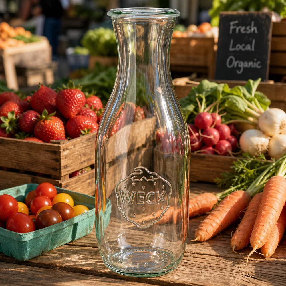 Bouteille à jus WECK RR60 de 1 062 ml WECK Bouteille de jus 1062ml RR60 sur table en bois avec légumes frais du marché carottes radis tomates et panneau bio