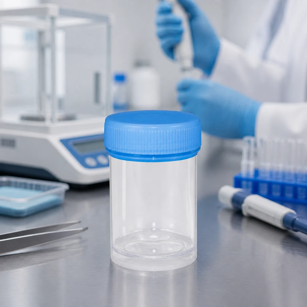Récipient de 35 ml en plastique sans BPA, muni d'un couvercle bleu, destiné à un usage en laboratoire