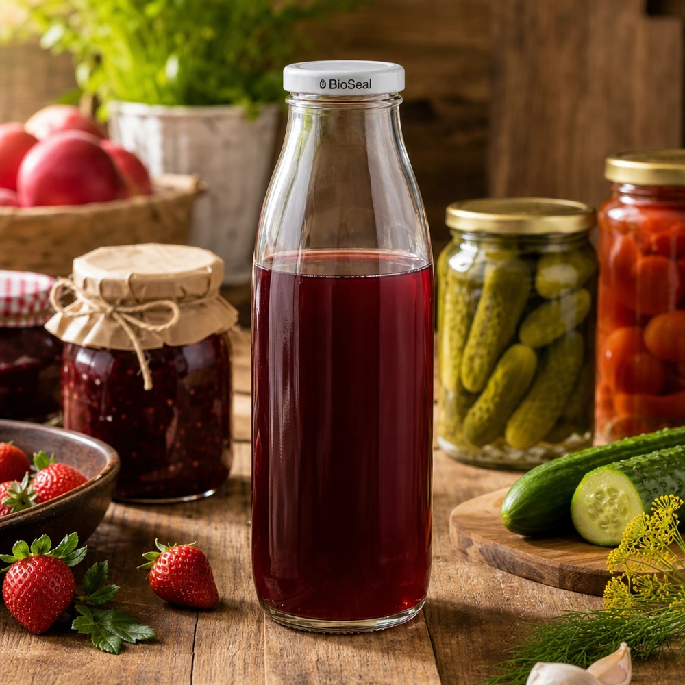 500ml Glasflasche + BioSeal Deckel weiß UNiTWIST 500ml Glasflasche mit rotem Saft befüllt, BioSeal Deckel weiß, umgeben von Einmachgläsern und frischen Gurken