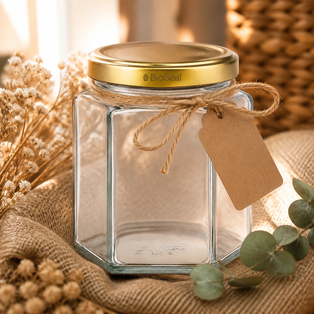 UNiTWIST Hexa390 barattolo di vetro vuoto con coperchio BioSeal dorato e etichetta regalo in una scena decorativa naturale