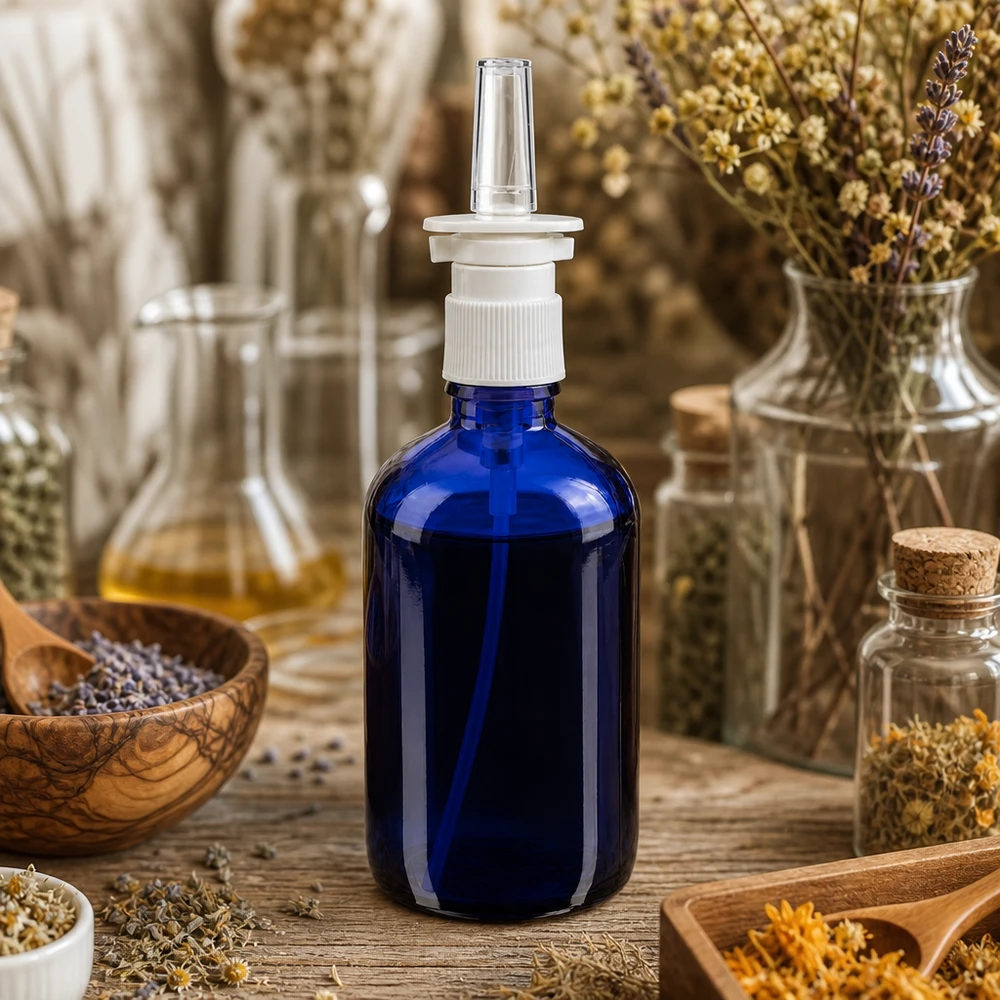 Apothekenflasche blau 100ml Nasenzerstäuber weiß Standard 100ml blaue Glasnasensprayflasche mit transparenter Applikatordüse in natürlichem Kräuterumfeld