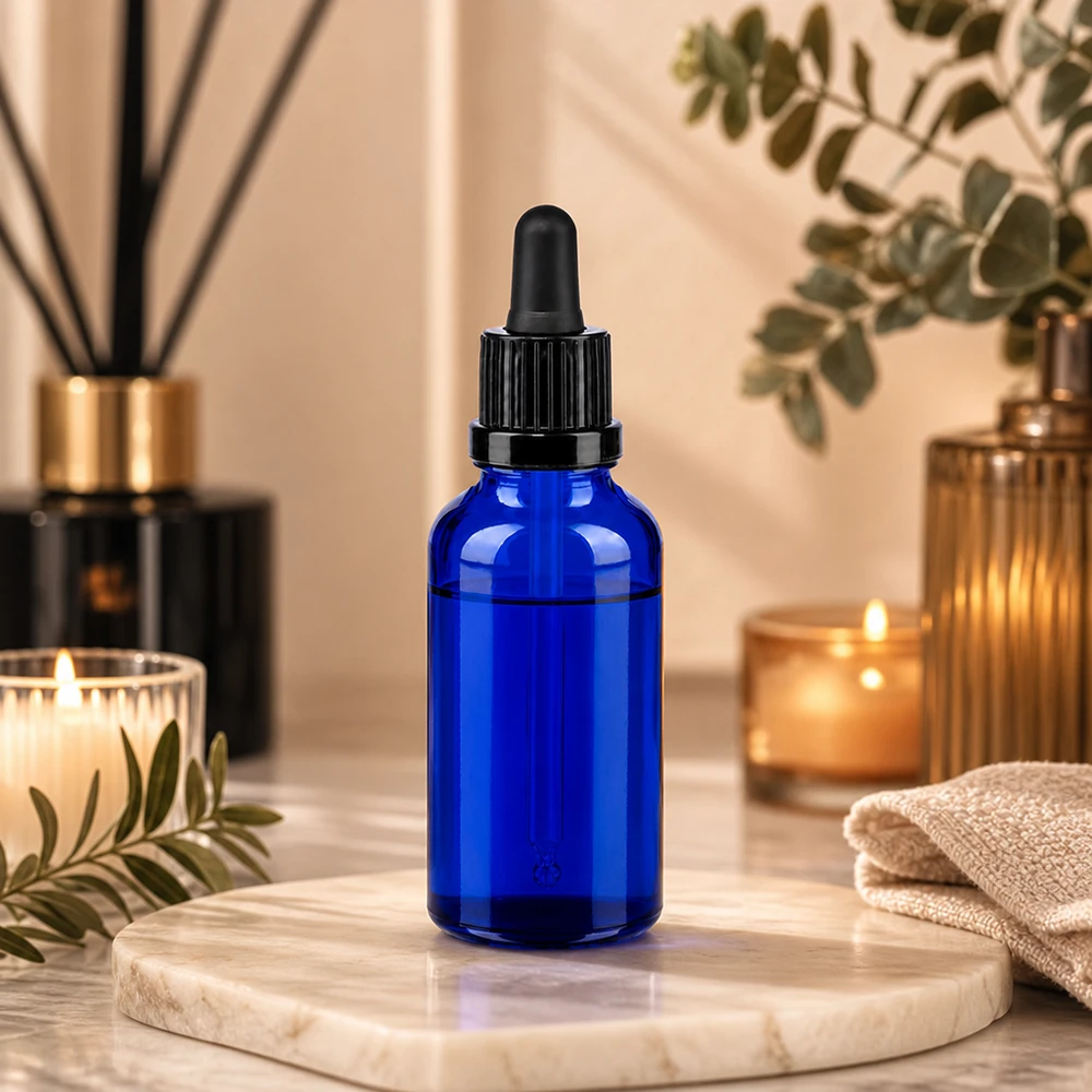 Piccolo flacone in vetro da 30 ml con pipetta piena, ideale per la produzione di cosmetici e sieri fai da te