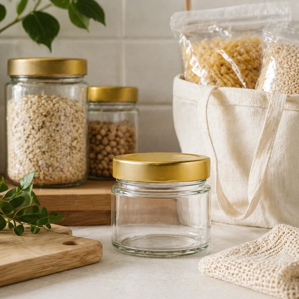 Barattolo rotondo piccolo da 80 ml con coperchio BasicSeal oro profondo in ambiente di cucina sostenibile con utensili di conservazione