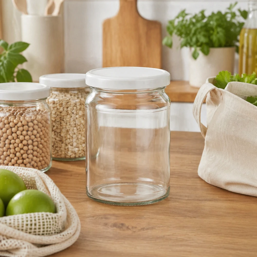 205ml Rundglas mit BasicSeal Deckel weiß UNiTWIST 205ml Rundglas UNiTWIST in nachhaltiger Zero-Waste Küche mit Getreide und Öko-Beuteln - umweltfreundliche Vorratshaltung