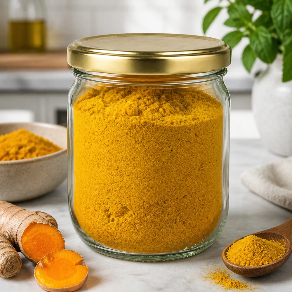 Barattolo di vetro rotondo da 425 ml con coperchio BasicSeal oro UNiTWIST Barattolo rotondo da 425 ml con coperchio dorato UNiTWIST pieno di curcuma in polvere - conservazione delle spezie in cucina