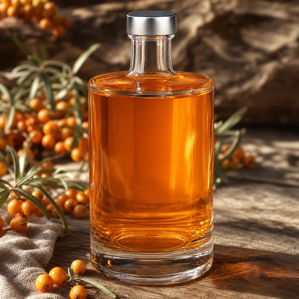 Bottiglia di vetro da 500 ml Sam riempita di liquore all'olivello spinoso accanto a bacche di olivello spinoso su tavola di legno decorazione autunnale