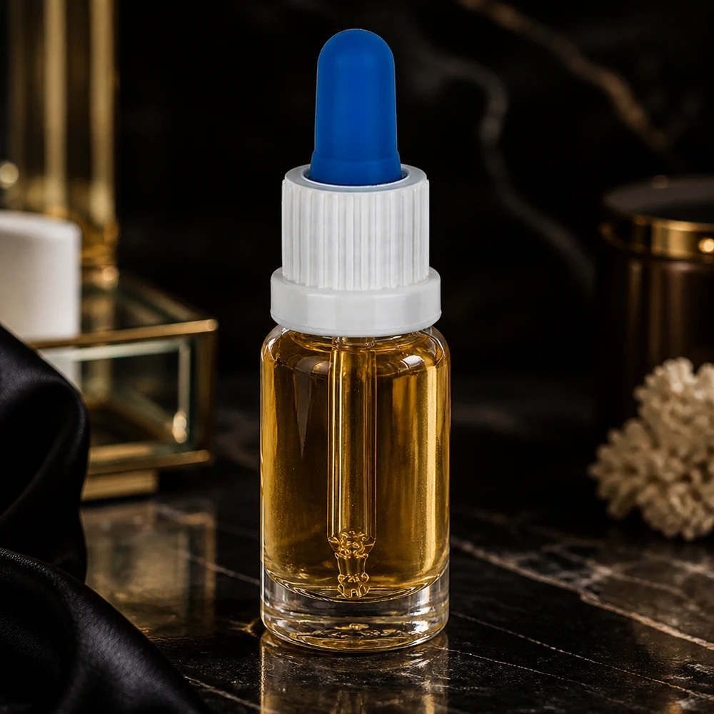 Elegante flacone con pipetta in vetro trasparente da 10 ml con olio color ambra su fondo di marmo nero