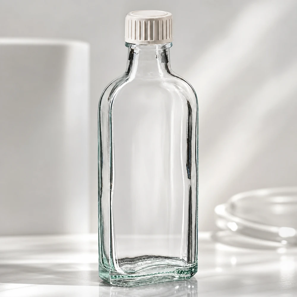 100 ml Meplat klar Schraubverschluss mit PE-Schaumeinlage Flachmann Glasflasche 100ml klar mit abgerundeten Kanten und weißem Kunststoffdeckel