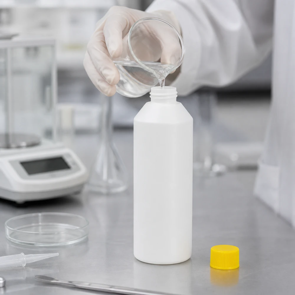 Flacon de pharmacie HDPE 250ml blanc avec bouchon vissable jaune Flacon pharmaceutique en plastique blanc de 250 ml avec bouchon jaune à sécurité enfant, en cours d'utilisation